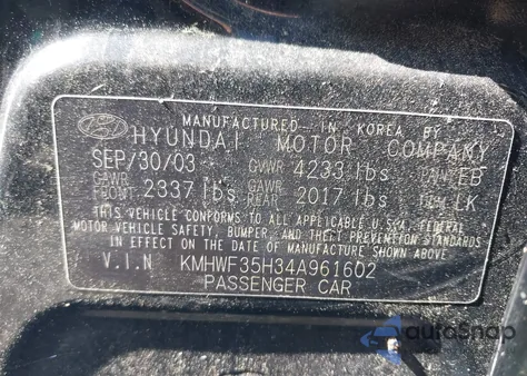 2004 Hyundai Sonata Gls/Lx from USA, damaged, VIN KMHWF35H34A961602